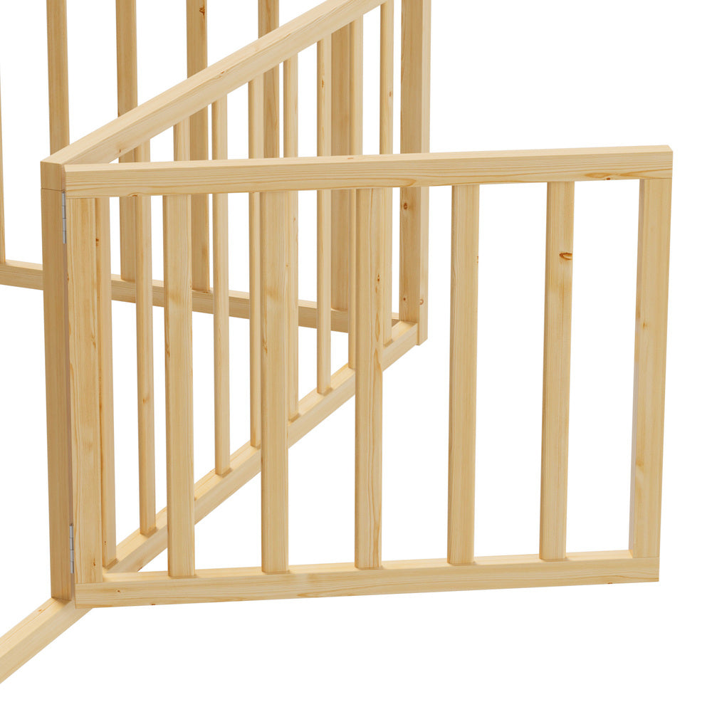 2-in-1 Kids Bed Frame Single Toddler Bed with Play Guard Fence Wood