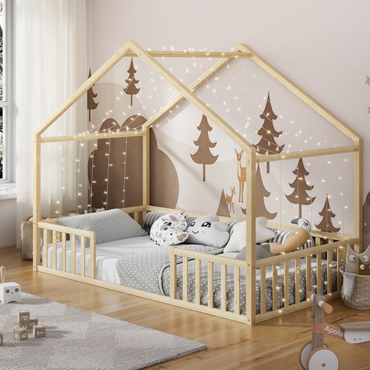 KS Kids Wooden Bed Frame With Timber Base Natural Finish