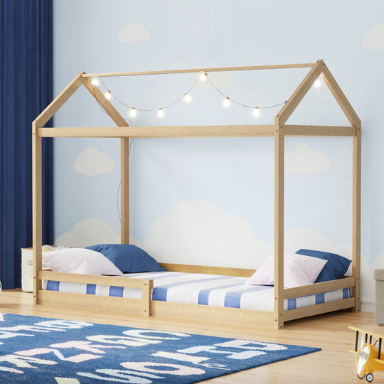 Kids Wooden Bed Frame House Frame Timber with Fence Single Natural/White