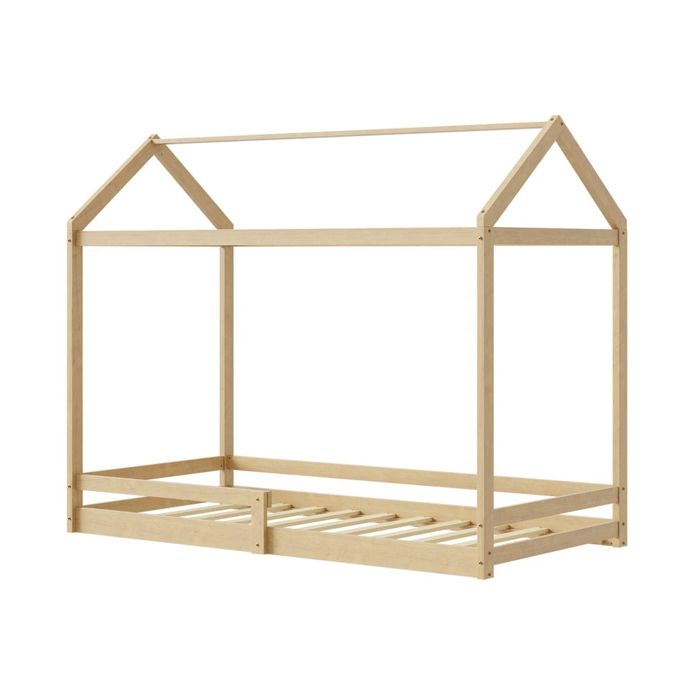 Kids Wooden Bed Frame House Frame Timber with Fence Single Natural/White