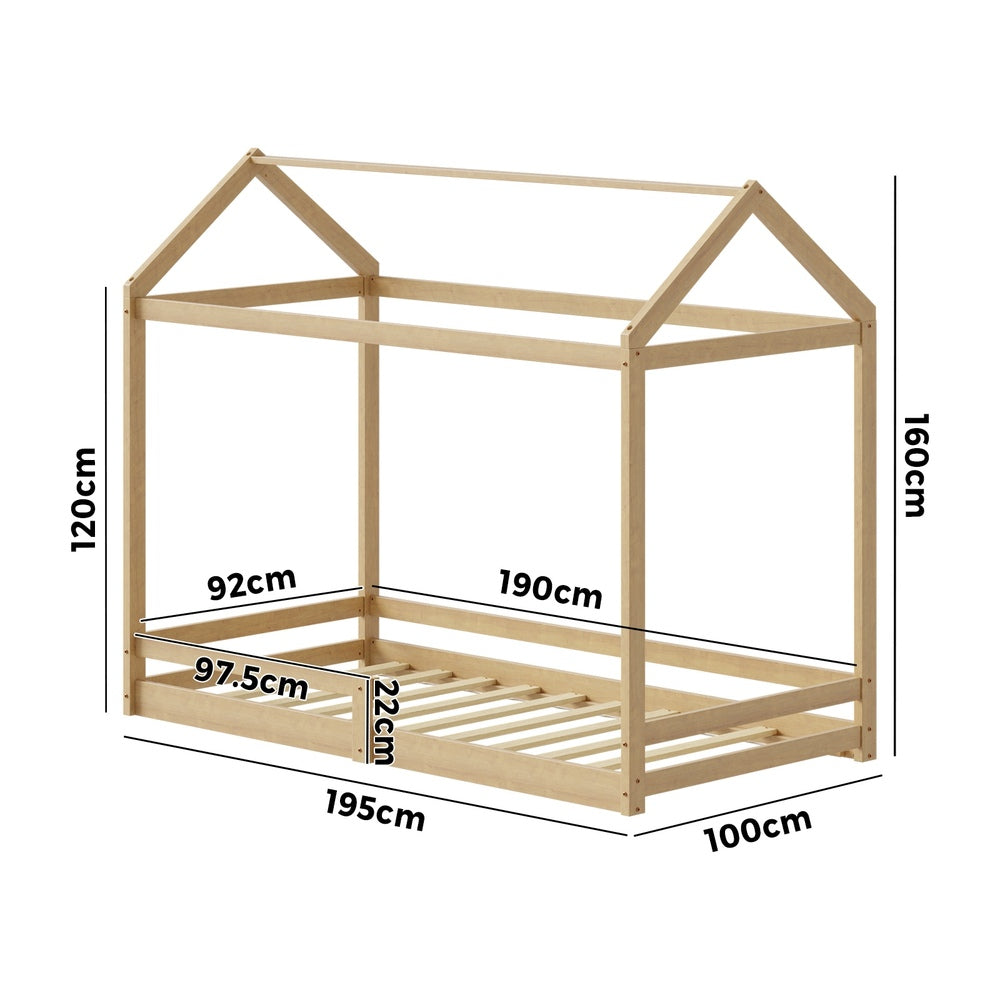 Kids Wooden Bed Frame House Frame Timber with Fence Single Natural/White