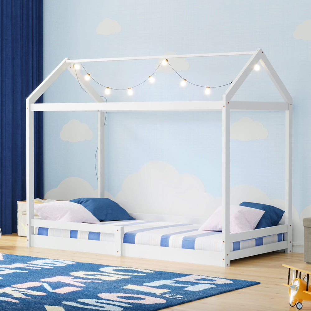 Kids Wooden Bed Frame House Frame Timber with Fence Single Natural/White