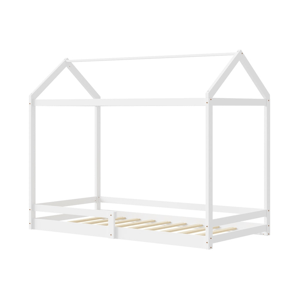 Kids Wooden Bed Frame House Frame Timber with Fence Single Natural/White