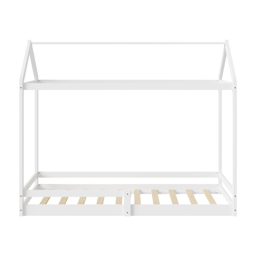 Kids Wooden Bed Frame House Frame Timber with Fence Single Natural/White