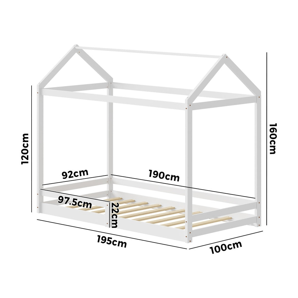 Kids Wooden Bed Frame House Frame Timber with Fence Single Natural/White
