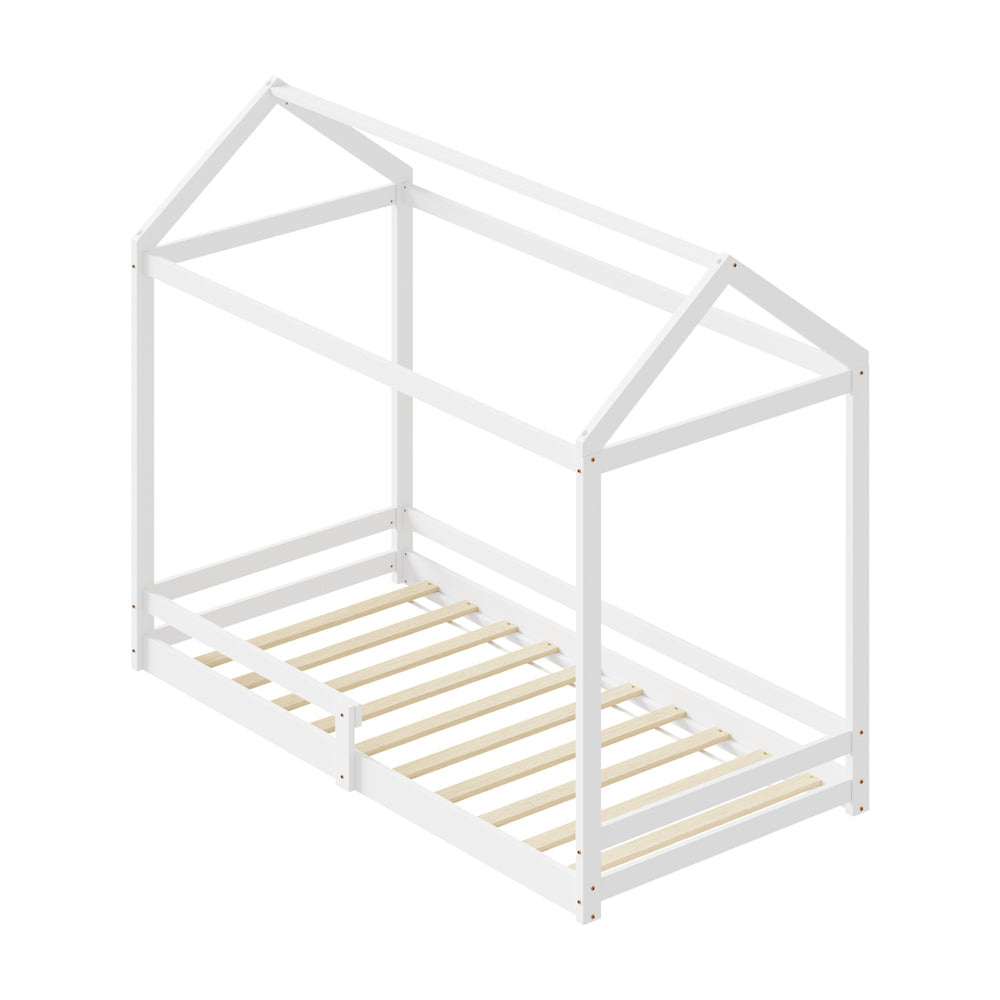 Kids Wooden Bed Frame House Frame Timber with Fence Single Natural/White