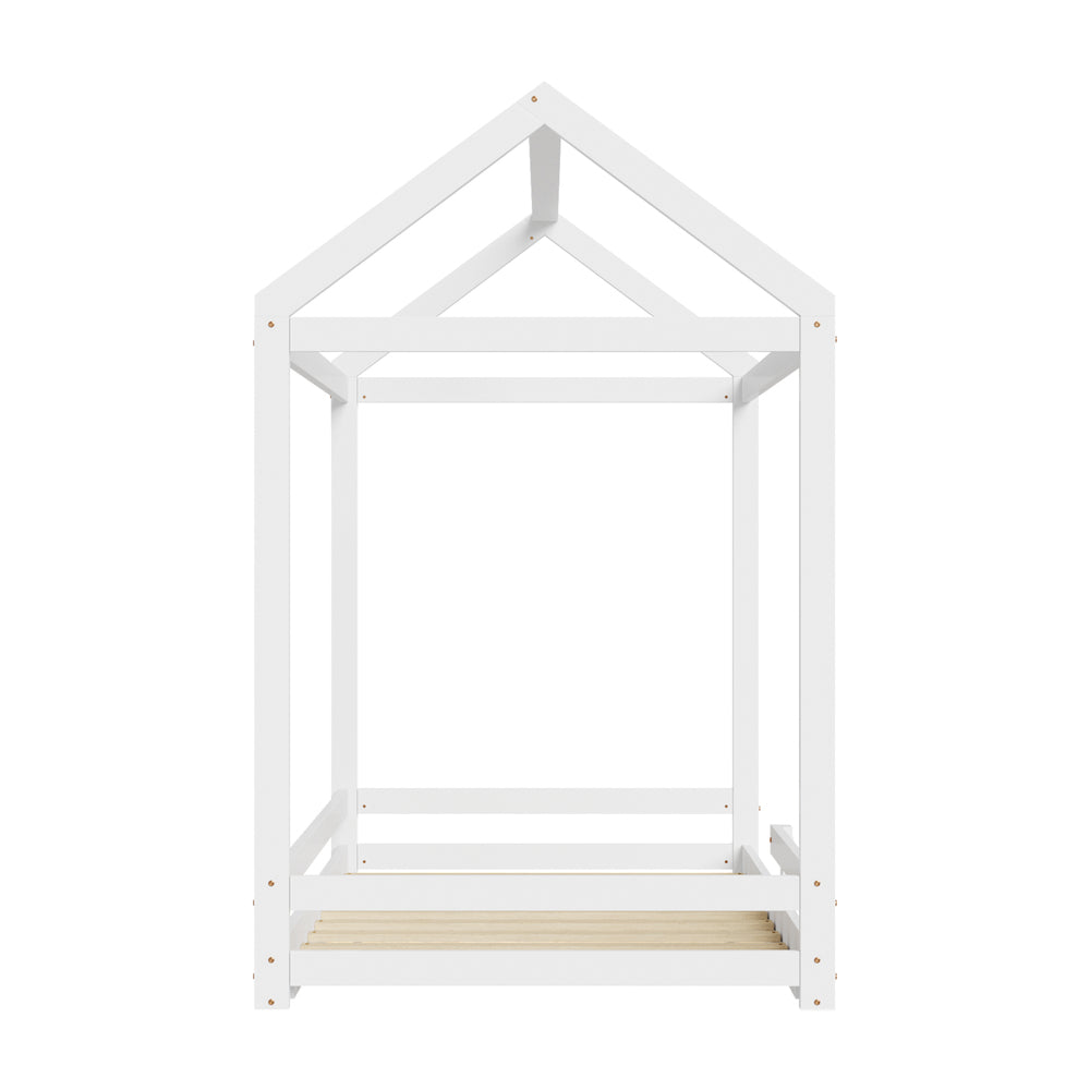 Kids Wooden Bed Frame House Frame Timber with Fence Single Natural/White