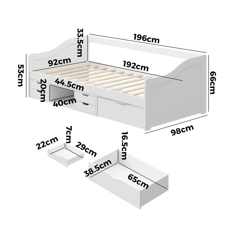 Single Kids Bed Frame with Trundle Storage Drawers Timber White
