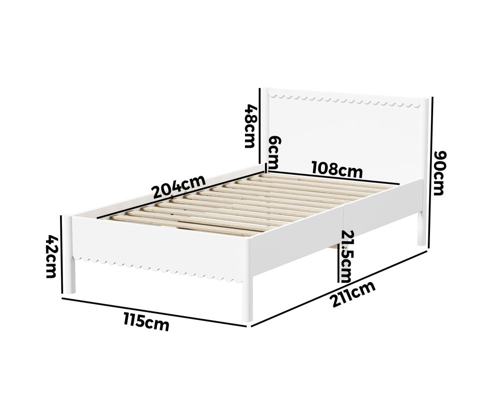 Scalloped Wooden Kids Bed Frame King Single Timber White Finish
