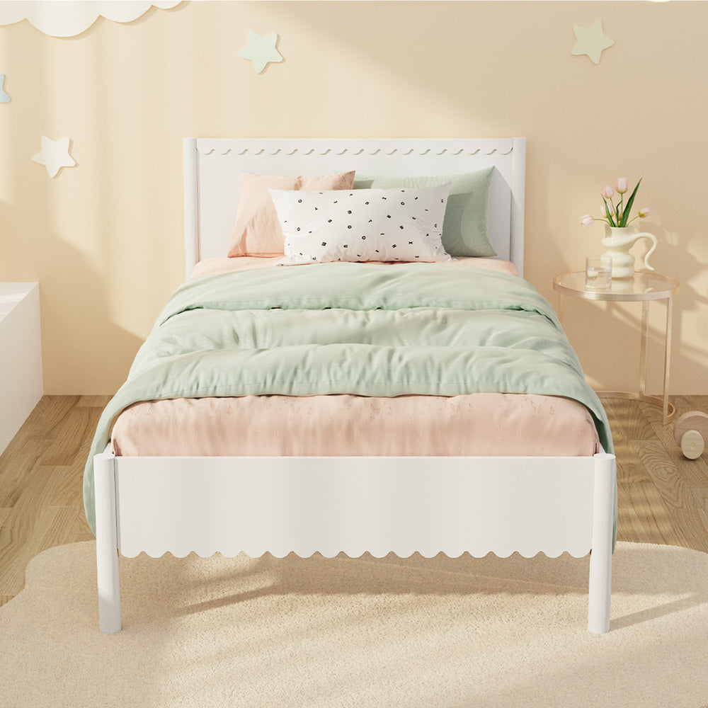 Scalloped Wooden Kids Bed Frame King Single Timber White Finish
