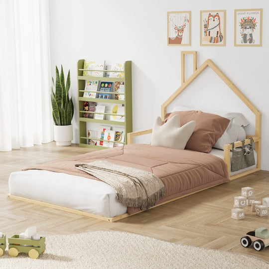 Wooden Kids Bed Frame Floor Bed Chimney Natural Wood Bedroom