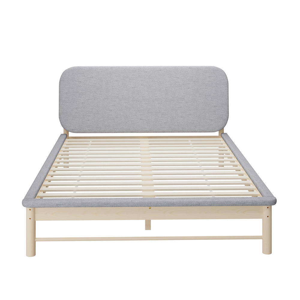 Wooden Bed Frame with Padded Fabric Edges Headboard Double Size