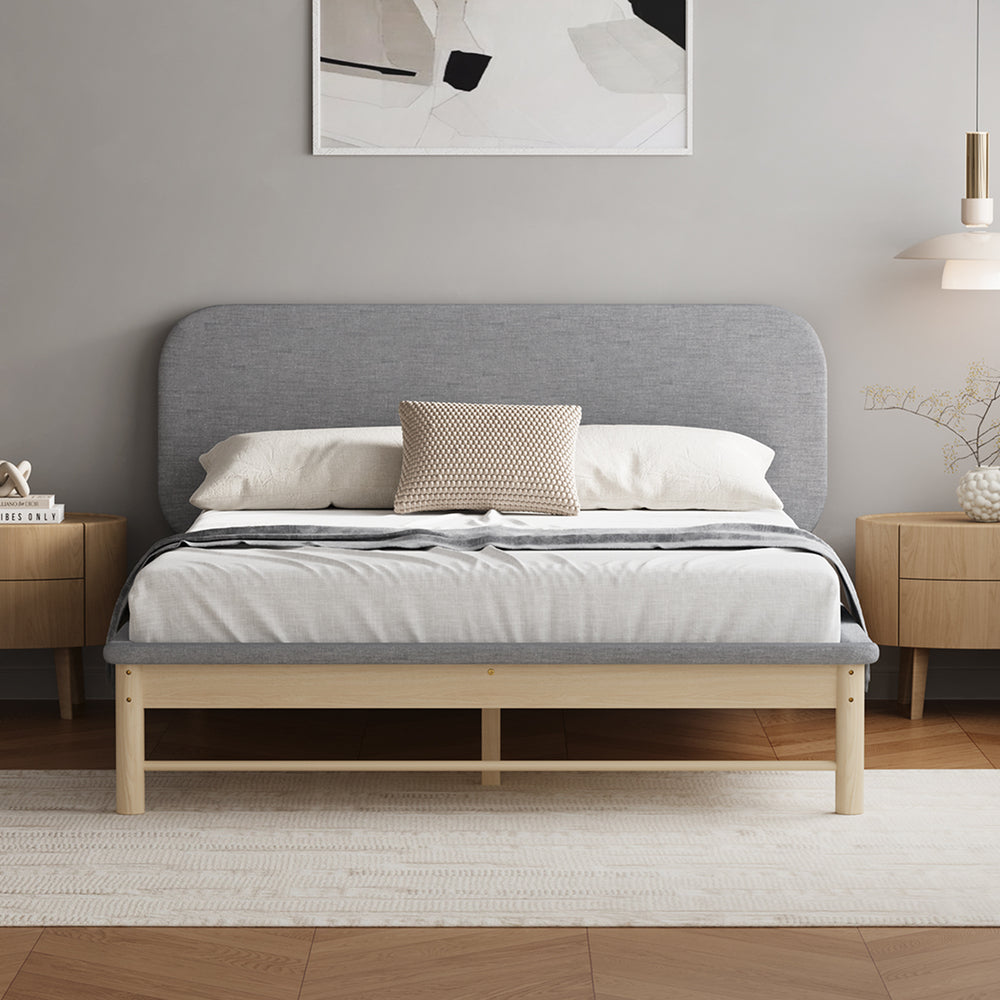Wooden Bed Frame with Padded Fabric Edges Headboard Queen Size