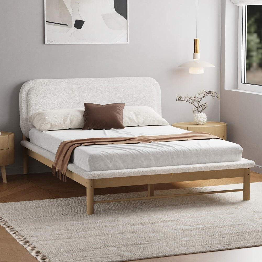 Wooden Bed Frame Boucle Upholstery Headboard Pine Base Queen