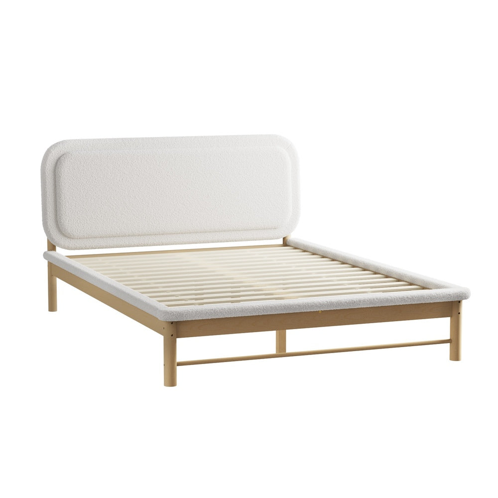 Wooden Bed Frame Boucle Upholstery Headboard Pine Base Queen