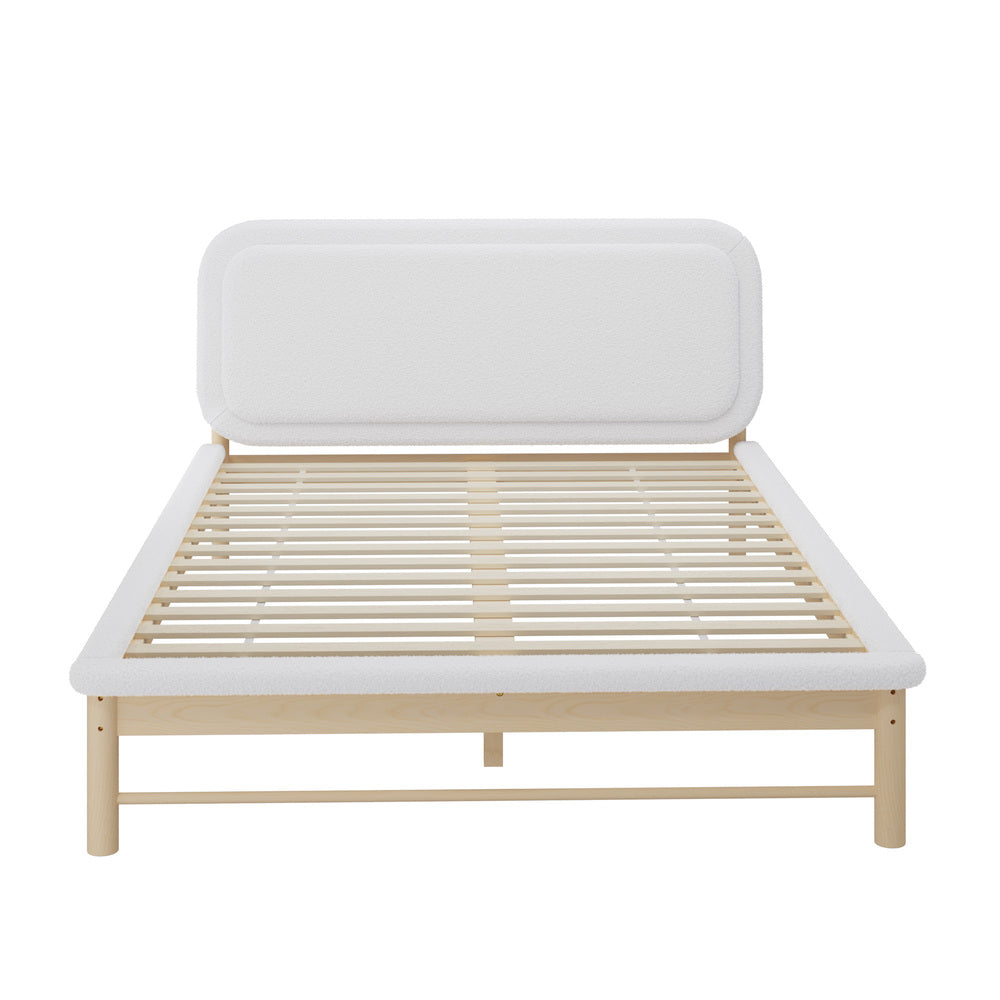 Wooden Bed Frame Boucle Upholstery Headboard Pine Base Queen