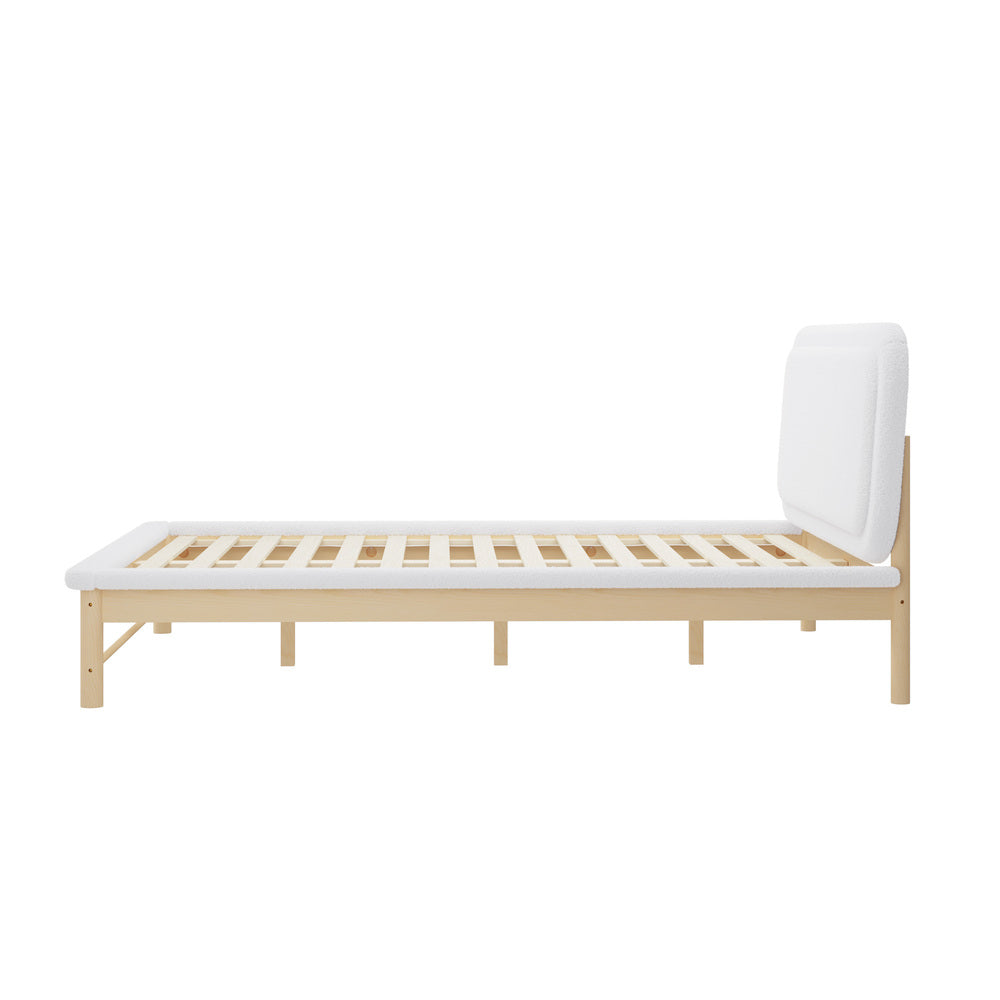 Wooden Bed Frame Boucle Upholstery Headboard Pine Base Queen