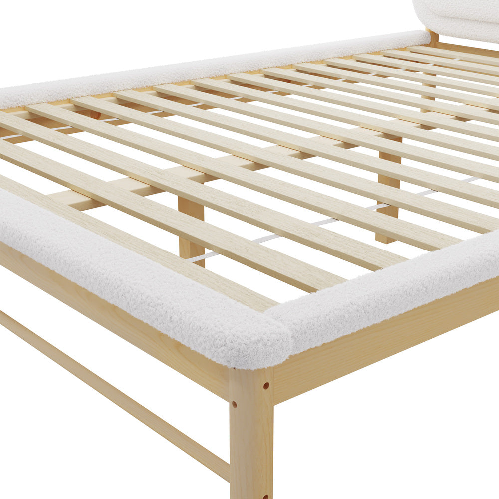 Wooden Bed Frame Boucle Upholstery Headboard Pine Base Queen