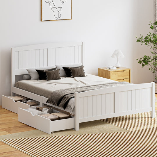 Wooden Bed Frame with Trundle Drawers - Bedframe Double