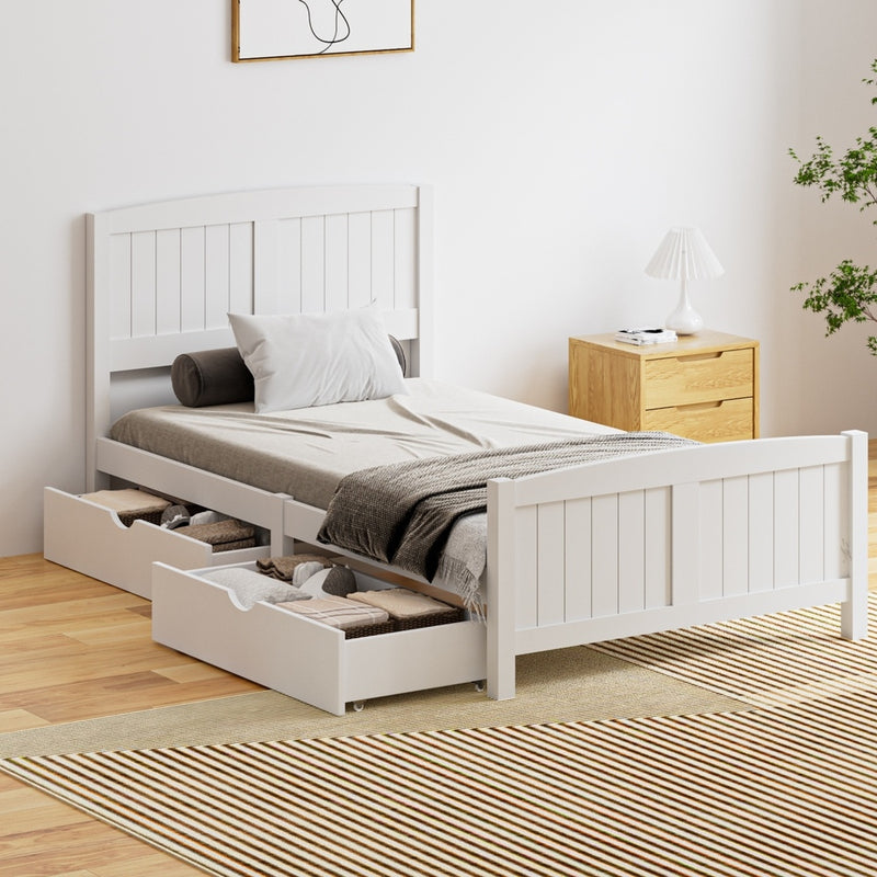 Wooden Bed Frame with Trundle Drawers White - White colour