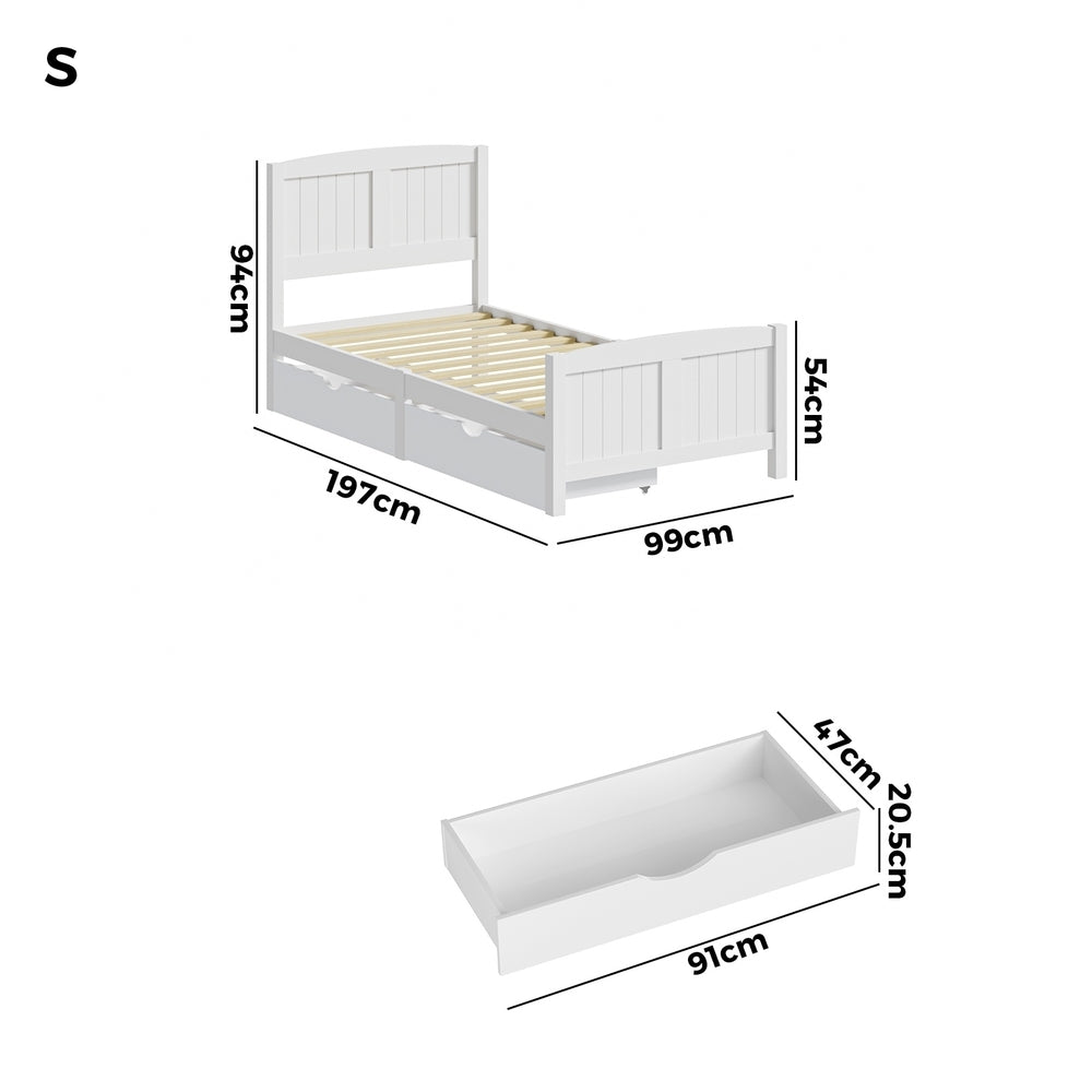 Wooden Bed Frame with Trundle Drawers White