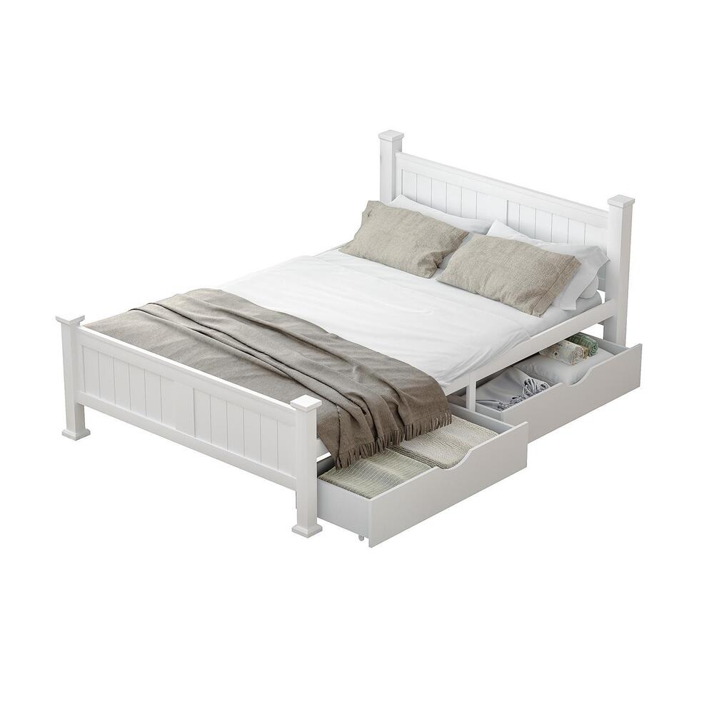 Wood Double Bed Frame with 2 Storage Drawers White