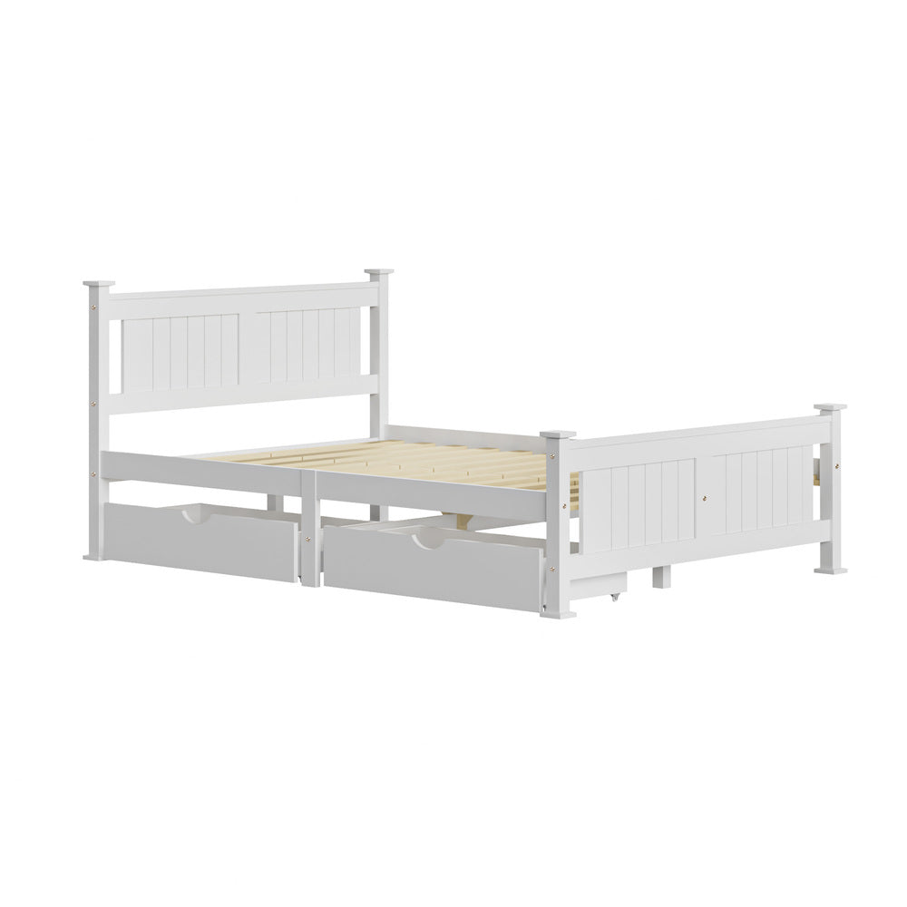 Wood Double Bed Frame with 2 Storage Drawers White