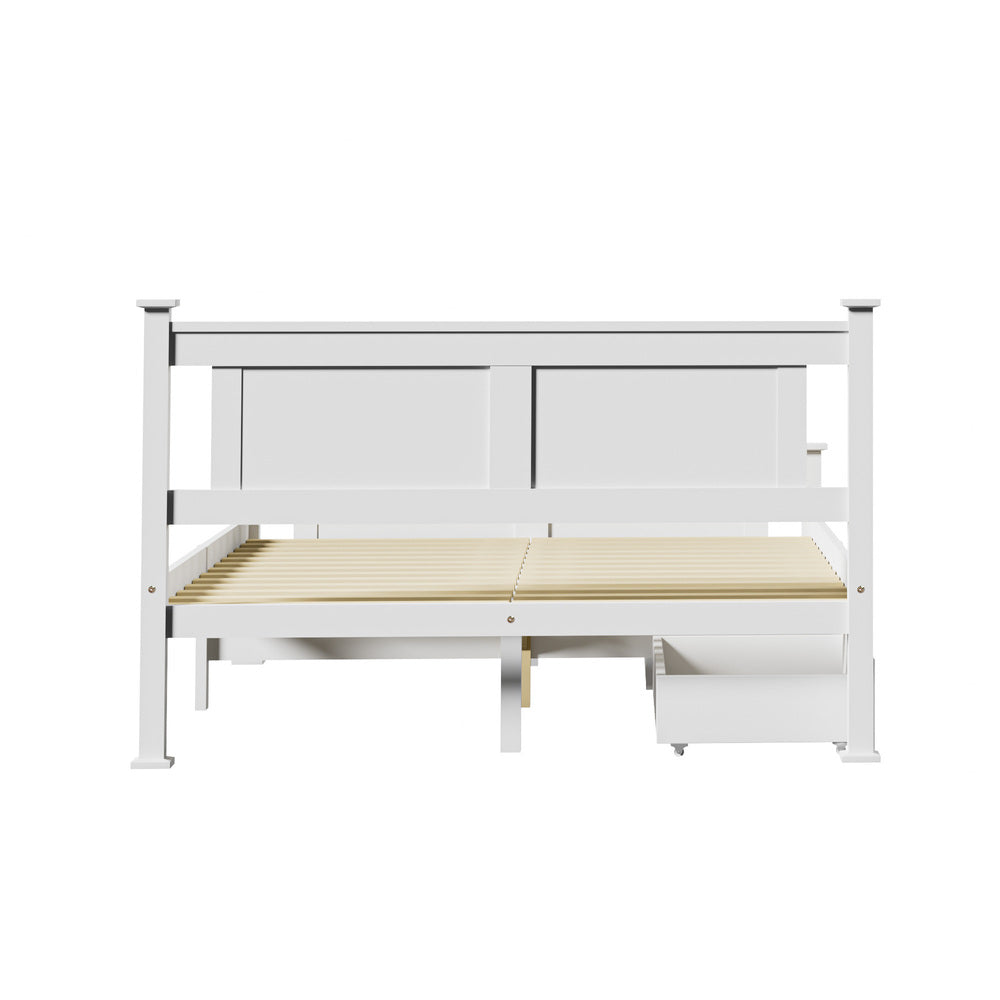 Wood Double Bed Frame with 2 Storage Drawers White