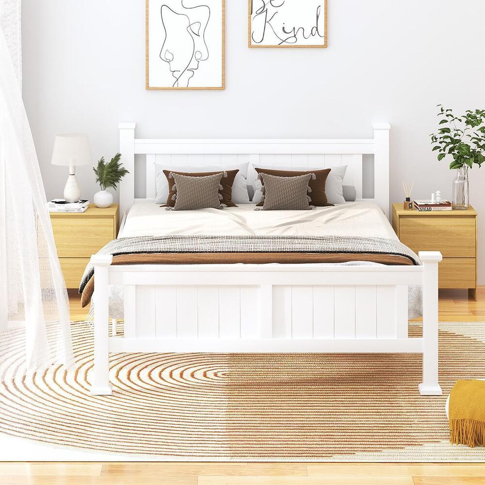 Wood Double Bed Frame with 2 Storage Drawers White