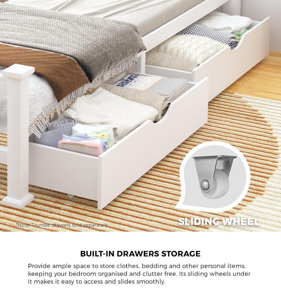 Wood Double Bed Frame with 2 Storage Drawers White