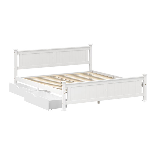 Oikiture Wood King Bed Frame with 2 Storage Drawers White - Wooden Bed Frame