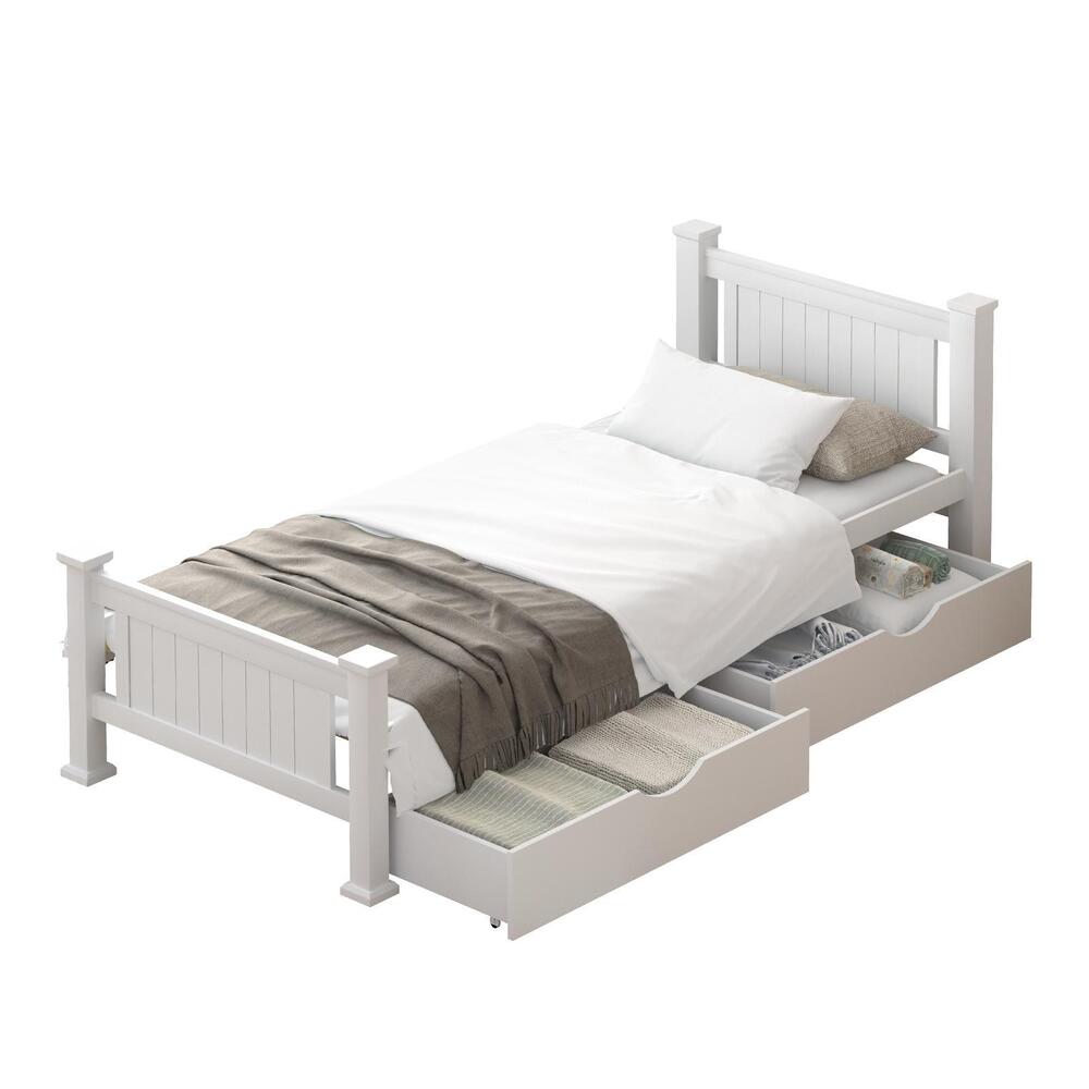 Wood King Single Bed Frame with 2 Storage Drawers White