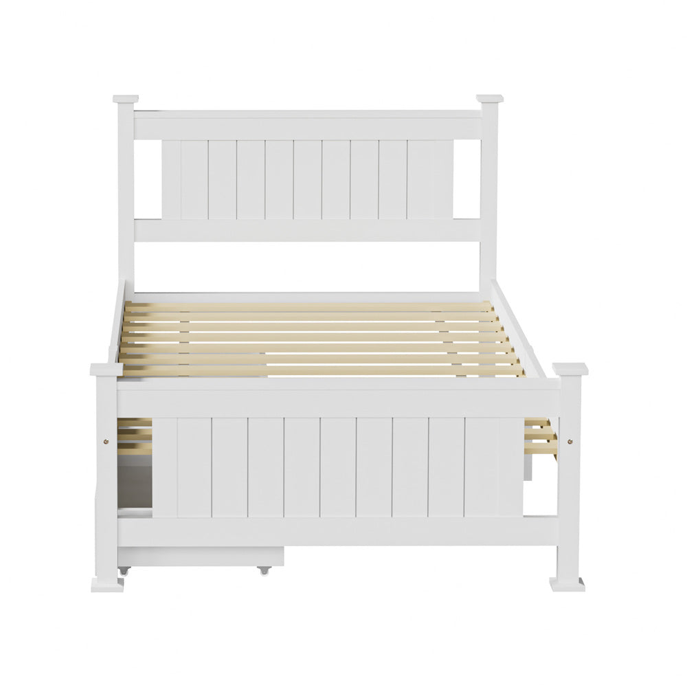 Wood King Single Bed Frame with 2 Storage Drawers White