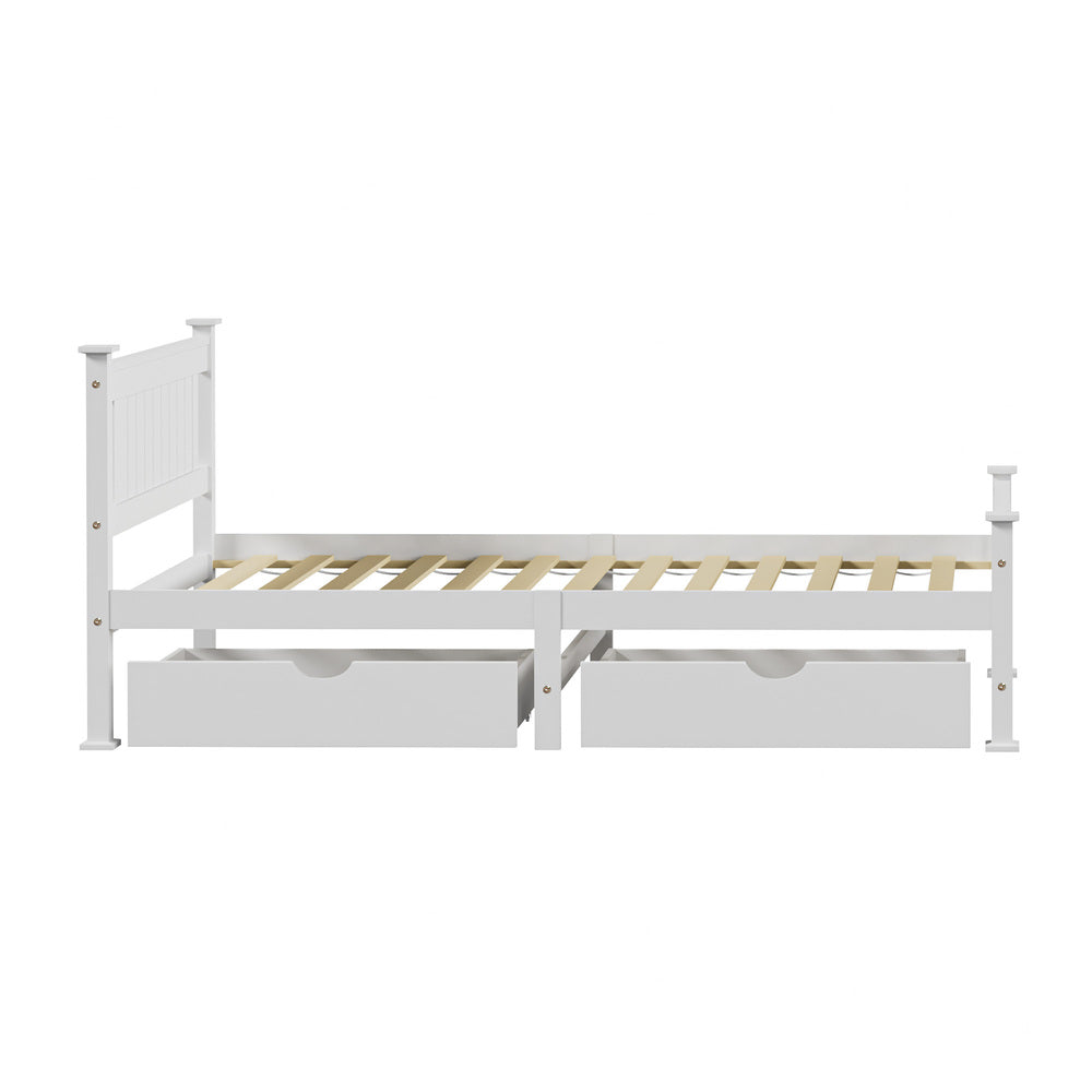 Wood King Single Bed Frame with 2 Storage Drawers White