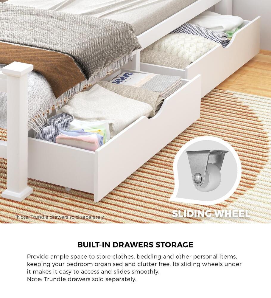 Wood King Single Bed Frame with 2 Storage Drawers White