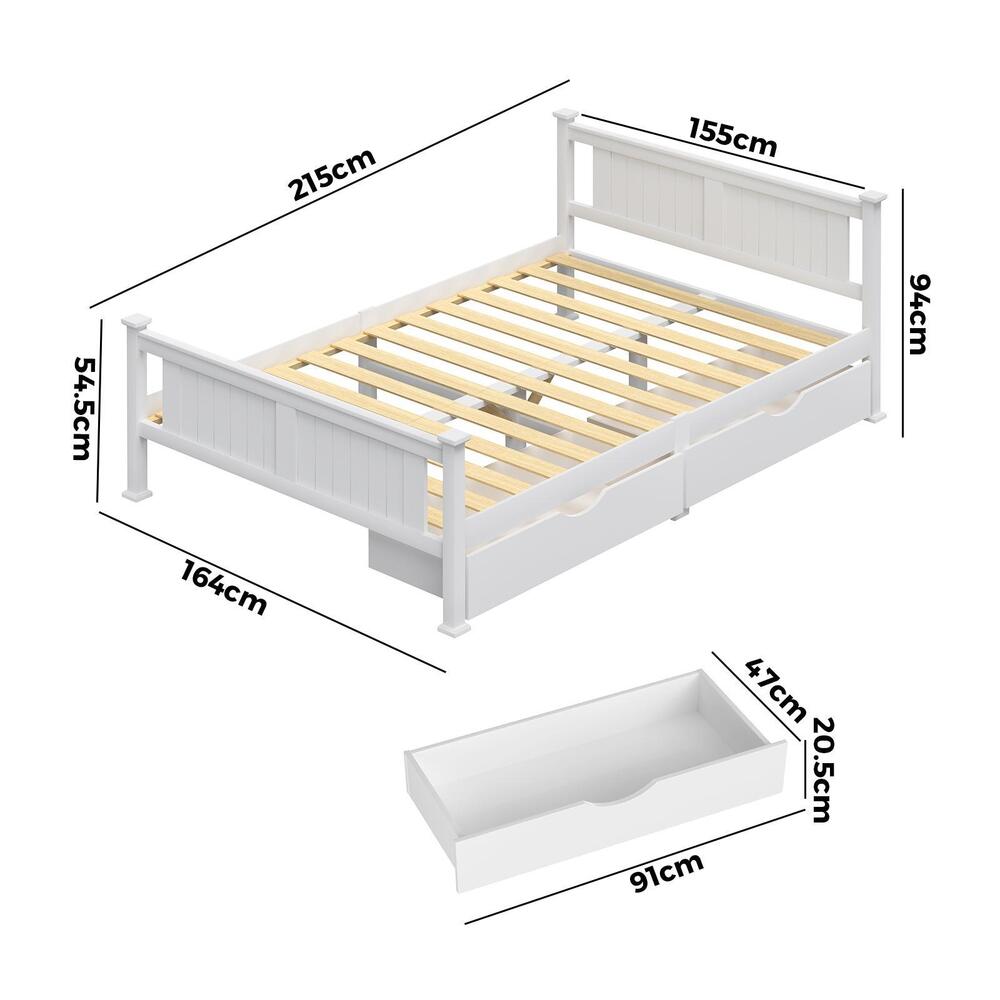 Wood Queen Bed Frame with 2 Storage Drawers White