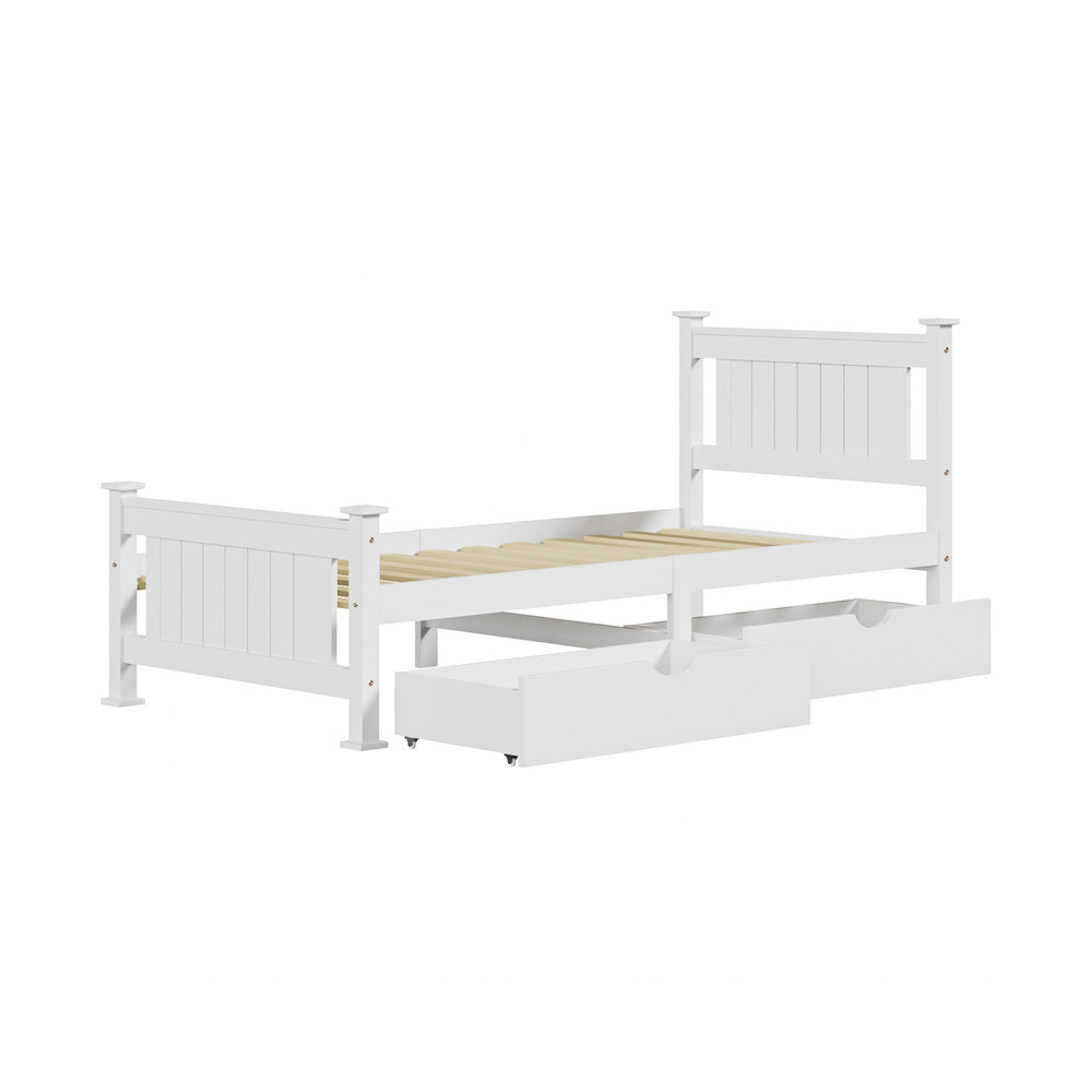 Wood Single Bed Frame with 2 Storage Drawers White