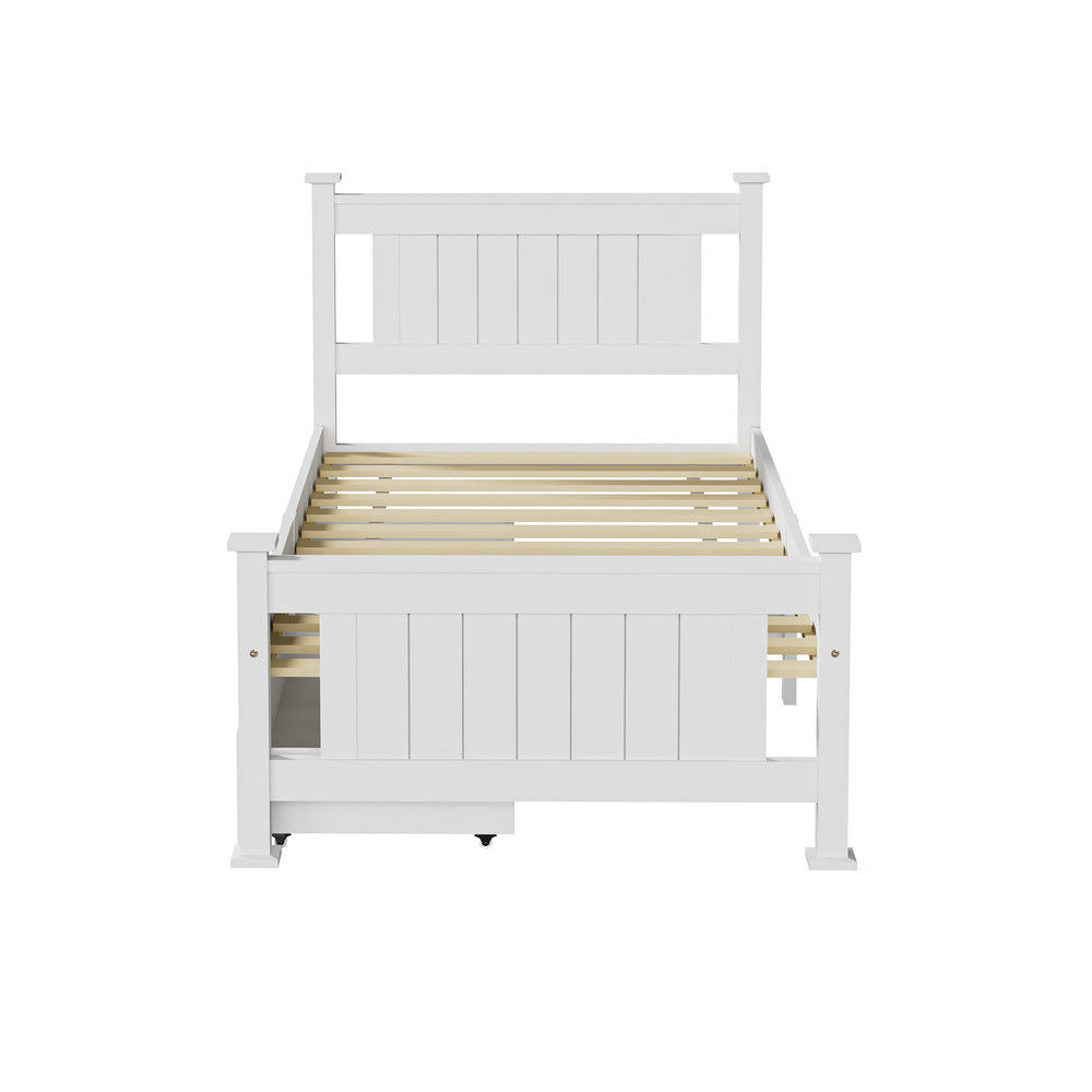 Wood Single Bed Frame with 2 Storage Drawers White