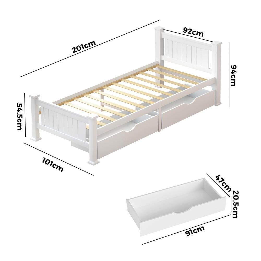 Wood Single Bed Frame with 2 Storage Drawers White