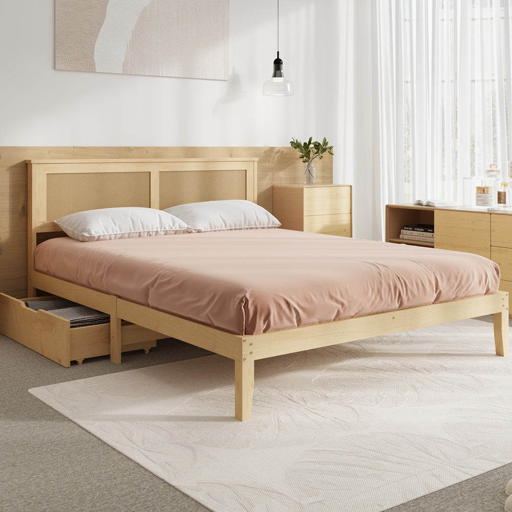 Rattan Wood 2-Drawer Double Bed Frame