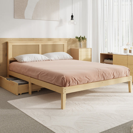 Rattan Wood 2-Drawer Double Bed Frame