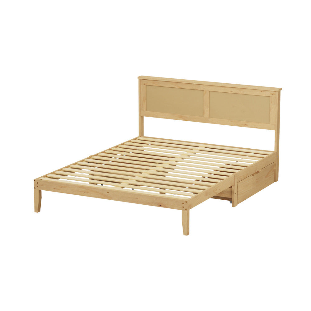Double Wooden Bed Frame Rattan 199x145x94cm