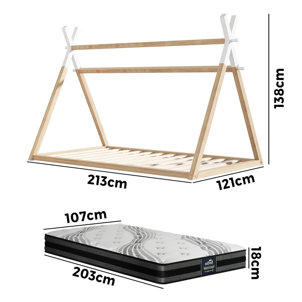 King Single Kids Bed Frame Mattress Set Wooden Teepee House Beds