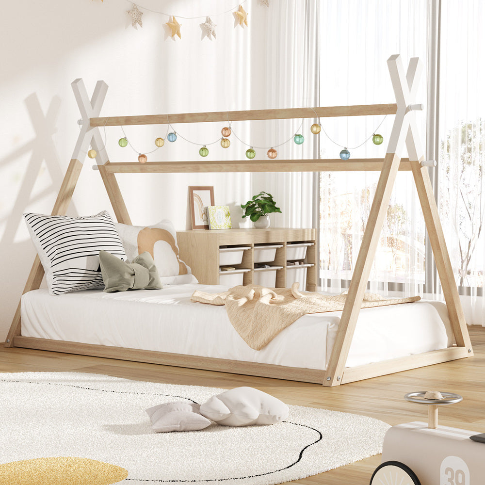 Kids Bed Frame Wooden King Single Teepee House