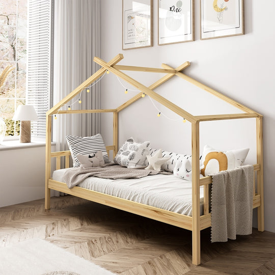 Bed Frame Wooden Kids Single Timber House Beds, Wooden finish