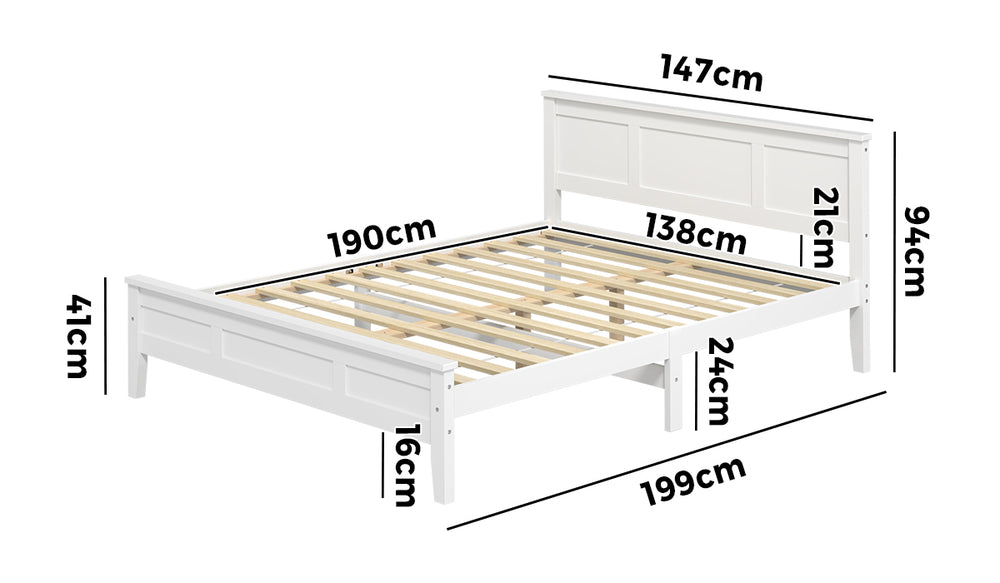 Double Bed Frame White Wood 199x147x94cm