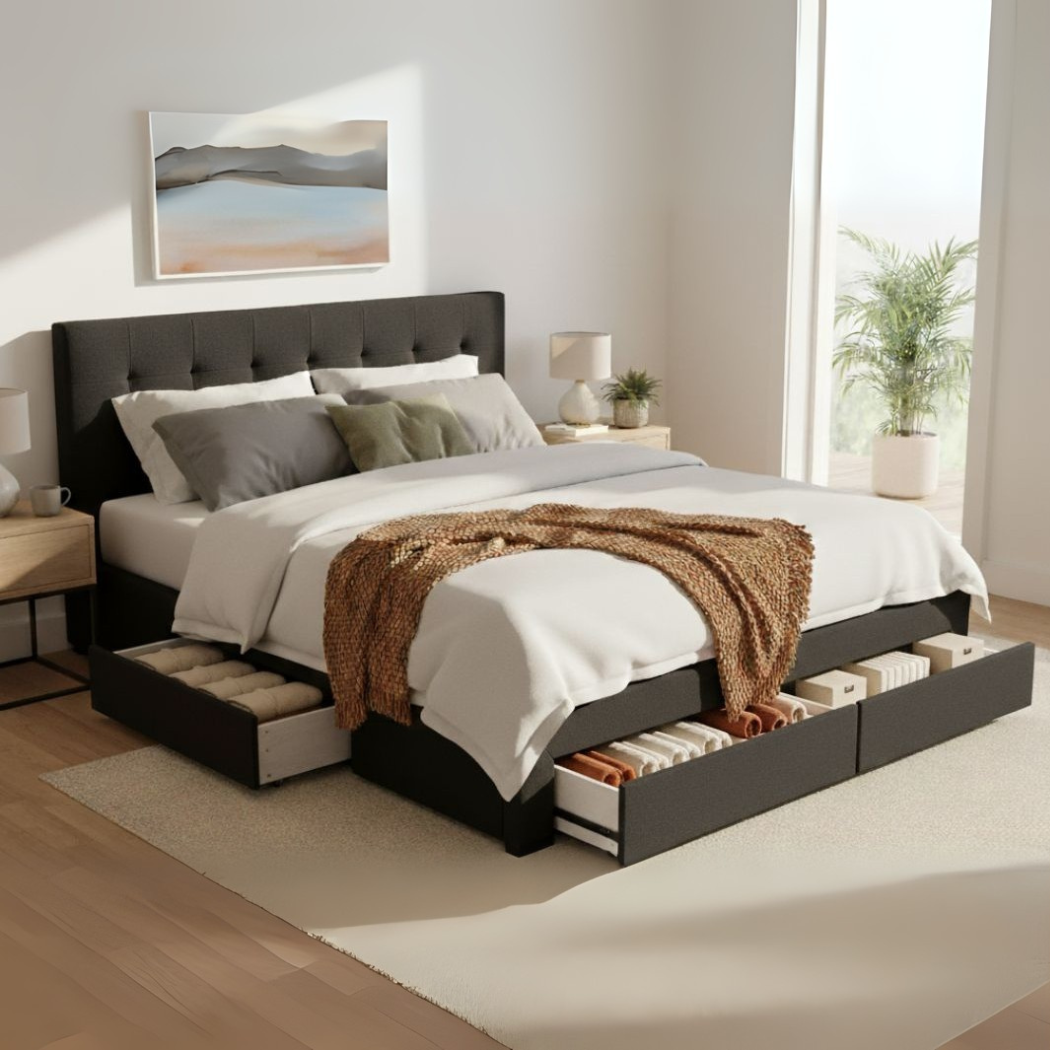 Queen Bed Frame Tufted Fabric Upholstered Dark Grey - Premium Base Storage Drawer
