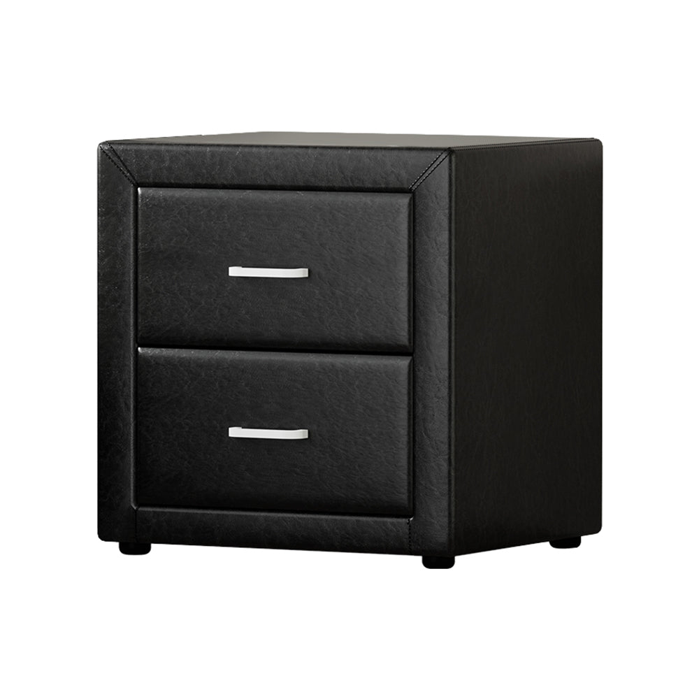 Bedside Table 2 Drawers Side Table Leather - Caden Black