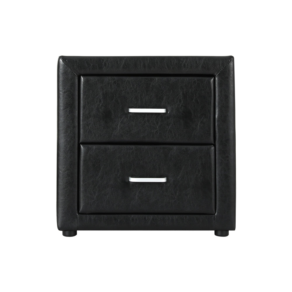 Bedside Table 2 Drawers Side Table Leather - Caden Black