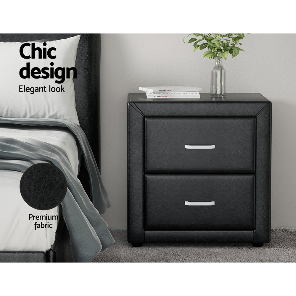 Bedside Table 2 Drawers Side Table Leather - Caden Black